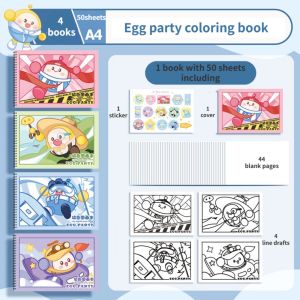 50 Sheets A4 Coloring Book For Kids Cartoon Paintbook With Stickers Blank Drawing Paper 4books/set
