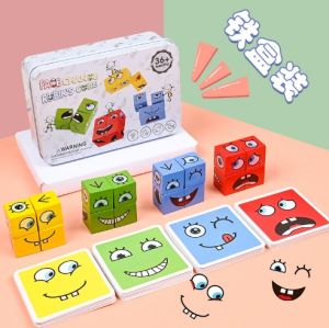 Wooden Baby Toys New 80pcs Cube Face Changing Building Blocks Board Game Expression Wooden Puzzle Blocks Educational Toys For Kids Gift Small Gift Early Education Puzzle Teaching Aids Parent
