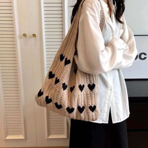 TERPE NEW Women Knitting Love Heart Pattern Large Capacity Tote Fashion Beach Bag Handbag Shoulder Bag