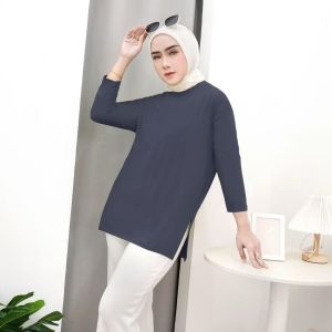 Kaos Wanita Spandek Rayon Lengan 3/4 Pinggang Alami Warna Solid Ukuran L/XL/XXL