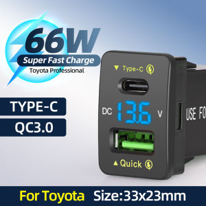 66W USB PD & QC3.0 Mobile Phones Fast Charge for Toyota Type C Power Socket with LED Voltmeter 12V 24V Car Charger Accessories