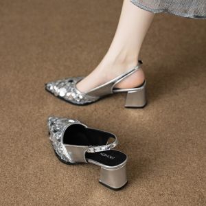 Elegant Sequined Pointed-Toe High-Heeled Silver Shoes For Women 2025 Summer Sandals To Match Skirts