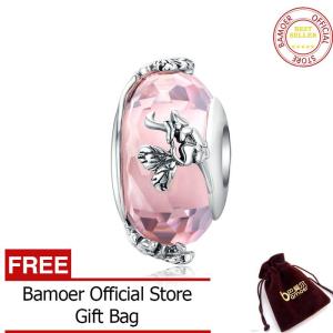 BAMOER ผีเสื้อสีชมพูลูกปัดแก้วแฮนด์เมดสำหรับผู้หญิงต้นฉบับสร้อยข้อมือเงิน925เครื่องประดับเงินยุโรป SCC1285
