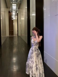 【READYSTOCK】Sleeveless floral maxi dress chinese dress dinner dress 水墨画连衣裙 吊带长裙女 晚宴裙 气质连衣裙 新中式裙 高级感