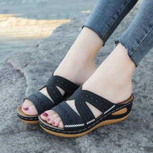 [Free Shipping] Summer Sandals For Women Featuring A Wedge Heel Casual Design Open-Toe Style Thick Soles And Available In Larger Sizes With Embroidered Details