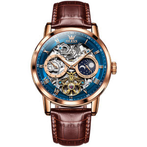OLEVS 6670 Fashion Waterproof Watch For Men Automatic Mechanical Genuine Leather Band Men Wristwatch Month Display