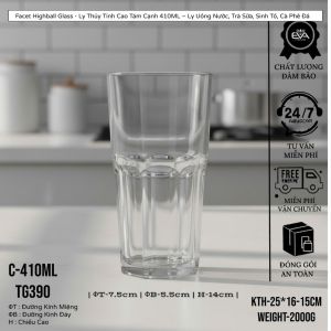 Hộp 6 Ly Thủy Tinh TVP Dáng Cao Tám Cạnh 410ML Trong Suốt Uống Trà Trái Cây