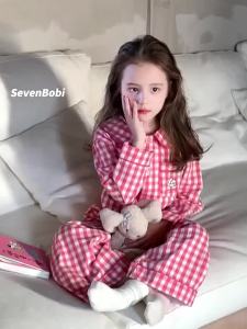 New Girls Spring Autumn Stylish Pajamas Cartoon Plaid Long Sleeve Sleepwear Two Piece Set2026