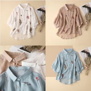Áo sơ mi nữ tay lỡ cổ đức họa tiết thêu hoa tinh tế chất liệu Đũi mềm mát co giãn nhẹ form đẹp NeSa Shop SMH.55