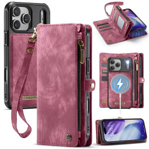 for iPhone 17 pro max air 16 15 14 13 12 Case with 8 Card Slots Magnetic Closure Zipper Pocket Pouch Flip Detachable Magnetic 2 in 1 Design Premium Leather PU with Lanyard Strap Wristlet - Brown