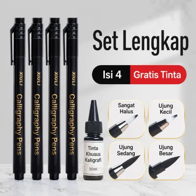 1 SET ISI 4 PCS PULPEN KALIGRAFI DENGAN UJUNG TIP BERBEDA FREE REFILL RINTA HITAM 20ML