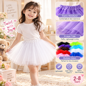 AILEBE Kids Skirts 3-Layer Tulle Skirt Puffy Skirt Soft Satin Elastic Waistband Lightweight Class A Certified Flame Retardant Birthday Dance Everyday Wear OOTD 2-8 Years