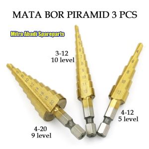 1 Set = 3 pcs Mata Bor Pagoda Step Drill Bit HSS Hex Shank Step Cone / Pyramid