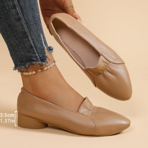 Free Shipping 2026 New Spring Collection: Women’S Soft Leather Single Shoes Featuring A Chunky Heel Mid-Heel Height Black Color And A Shallow Pointed Toe Design Perfect For Mothers