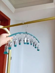 Stainless Steel Clothes Hanger with 10 Clips Windproof Space Save Underwear Socks Drying Racks COD