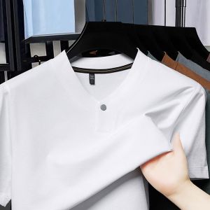 NCE【40-100kg】Plus size Summer pure cotton mens breathable V-neck short sleeved T-shirt for middle-aged and young people solid color casual elastic half sleeved versatile top without ironing