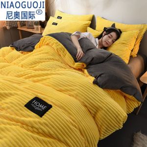 Quilt Cover + Bed Sheet + Pillowcase Thickened Double-Sided Velvet Winter Flannel Crystal Velvet Bedding Set Coral Fleece Duvet Cover LZD