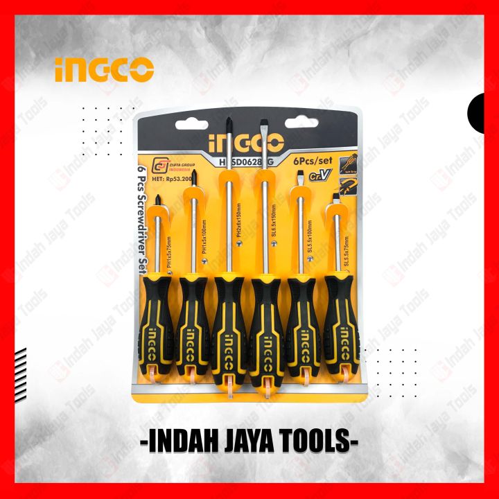 INGCO HKSD0628CG Obeng Set 6 Pcs Plus Minus Gagang Karet Screwdriver ...