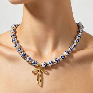 Trang sức xuyên biên giới vòng cổ hạt gốm sứ phong cách Trung Hoa nơ bướm cá tính thời trang thanh lịch vòng cổ hạt gốm sứ men lam.