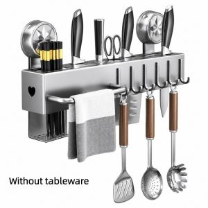 DIMEL Suction Cup Kitchen Utensil Rack Carbon Steel Wall Mount Utensil Wall Organizer Rail Wall Mount Storage Shelf No Drill Kitchen Storage Rack Kitchen