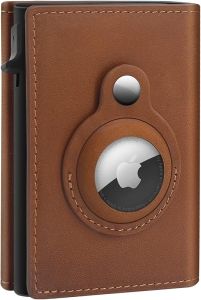 GAOCHALE AirTag Wallet Genuine Leather Air Tag Wallet RFID Technology Credit Card Holder with Minimalist Wallet for Men for Apple AirTag (No Airtag Included)(Black)