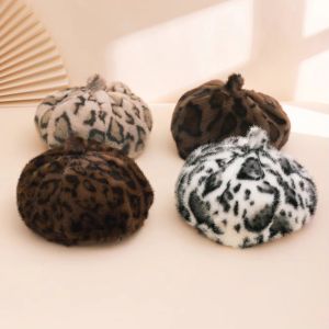 GURUNGMANI Leopard Print Faux Rabbit Fur Beret Flush Furry Solid Color Painter Beret Hat Keep Warm Fluffy Plush Beret Women Girl