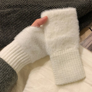 Warm Wool Half Finger Gloves Womens Winter Plush Knit Wrist Guard Girls Fingerless Touchscreen Office Students Solid Mittens