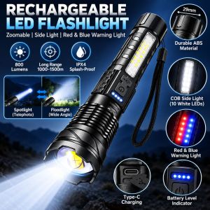 KET1P Red Blue Warning Light LED Flashlight COB Side Light USB C Charging Rechargeable Flashlight  Adjustable Focus Zoomable Flashlight Outdoor Camping