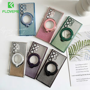 FLOVEME Plating Gradient Glitter Clear Phone Case For Samsung S24 Ultra S23 S22 Ultra S23+ S22+ Plus With Magsafe Bracket Stand Lens Film Protector All-inclusive Hard PC Shockproof Back Cover For Samsung S24 S23FE S23 S22