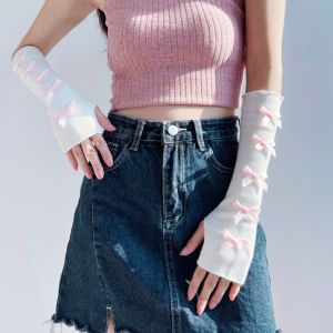 VCH Elastic Y2K Warm Sleeves Ballet Style Bowknot Bow Knitted Gloves Arm Cover Long Mittens Fingerless Arm Warmers Lolita