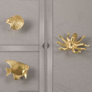 JIAOD Gold Color Shell Fish Brass Handle Retro Luxury Wardrobe Drawer Pulls Vintage Single Hole Cabinet Door Knobs Home Decor