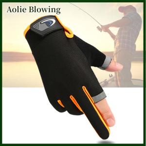 Aolie 1Pair Anti-Slip Breathable Fishing Gloves Two Finger Cut Durable Outdoor Fishing Cycling Gloves Fitness Carp Mitten