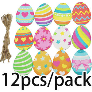 (12ชิ้น/แพ็ค) ของตกแต่งไข่อีสเตอร์ไม้อีสเตอร์8*6ซม. ตู้โชว์สินค้างานฝีมือวันหยุดเค้าโครงฉากวาดภาพ DIY