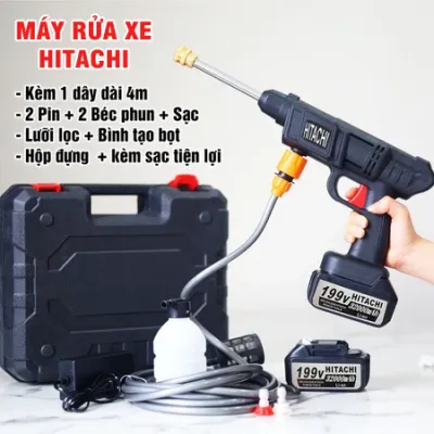 [Hàng Bãi] Máy Rửa Xe Hitachi 2 PIN 199V Cầm Tay Không Dây Áp Lực Cao Cho Mọi Loại Xe 2 PIN 199V 30000mAH Công Suất 1400W Bảo Hành 12 Tháng