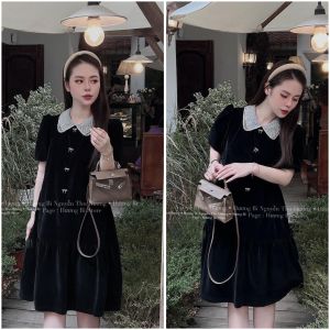 Đầm váy nhung dáng suông đuôi cá phối cổ ren mix tag nơ blink lấp lánh tay ngắn xinh xắn diện đi chơi dự tiệc hẹn hò sang chảnh