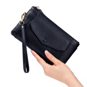 New Womens Clutches Bag Real Leather Lychee Pattern Handle Phone Holder Wallet Cowhide Envelope Clutch Lady Purse with Hand Strap