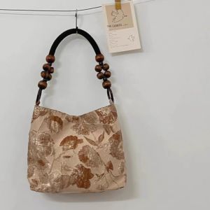 Vintage Floral Jacquard Beaded Handle Hobo Bag