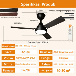 42 Inch Ceiling Fan 3 MDF Blades Dual Color DC Motor 6 Speed Remote Quiet White Body