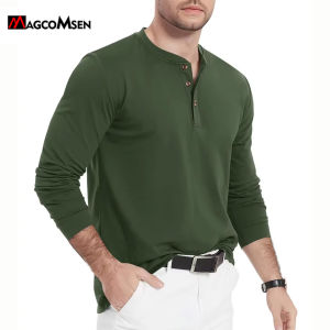MAGCOMSEN Mens Henley Cotton T-Shirt Long Sleeve Front Placket Shirt Fashion Autumn Spring Tees Casual Vintage Streetwear2026