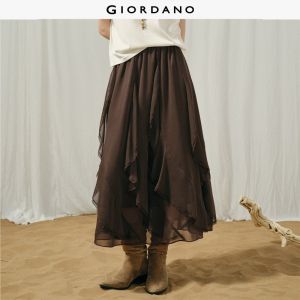 Giordano Women Lace trim panel ruffle maxi skirt Free Shipping 18466727