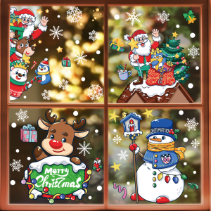 COMBO-Decal trang trí NOEL HÍT TĨNH ĐIỆN - Ông già noel râu trắng tươi cười đón lễ cùng bạn bè (4 tấm)-CDN122