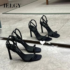 IELGY Summer French black open toe straight strap generous temperament sandals high heels women