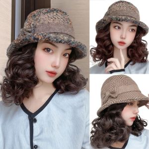 BAIXL tóc giả kèm mũ Lượn sóng Tóc Giả Mũ mùa đông Lông mịn Tổng hợp Mũ cho phụ nữ có tóc giả Nối tóc Vô Hình Tóc Giả Mũ xoăn ngắn Phụ nữ
