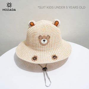 HOZADA หมวกกันแดดถักลำลองสำหรับเด็กหมวกกันแดดเดินทางหมวกชายหาดหมวกหมวกป้องกันแสงแดดปีกกว้างหมวกชายทะเลแบบพกพาหมวกฟางป้องกันรังสียูวีสำหรับเด็กหมวกแก๊ป
