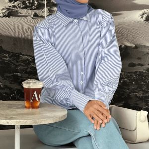 Blus Polos Wanita Gaya Korea Lengan Panjang Motif Stripe Ukuran Free Size