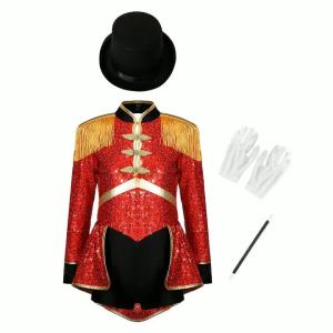 Kids Girls Ringmaster Circus Costume Magician Drummer Cosplay Party Leotard Long Sleeve Fringe Epaulet Sequins Bodysuit Dress Up2026