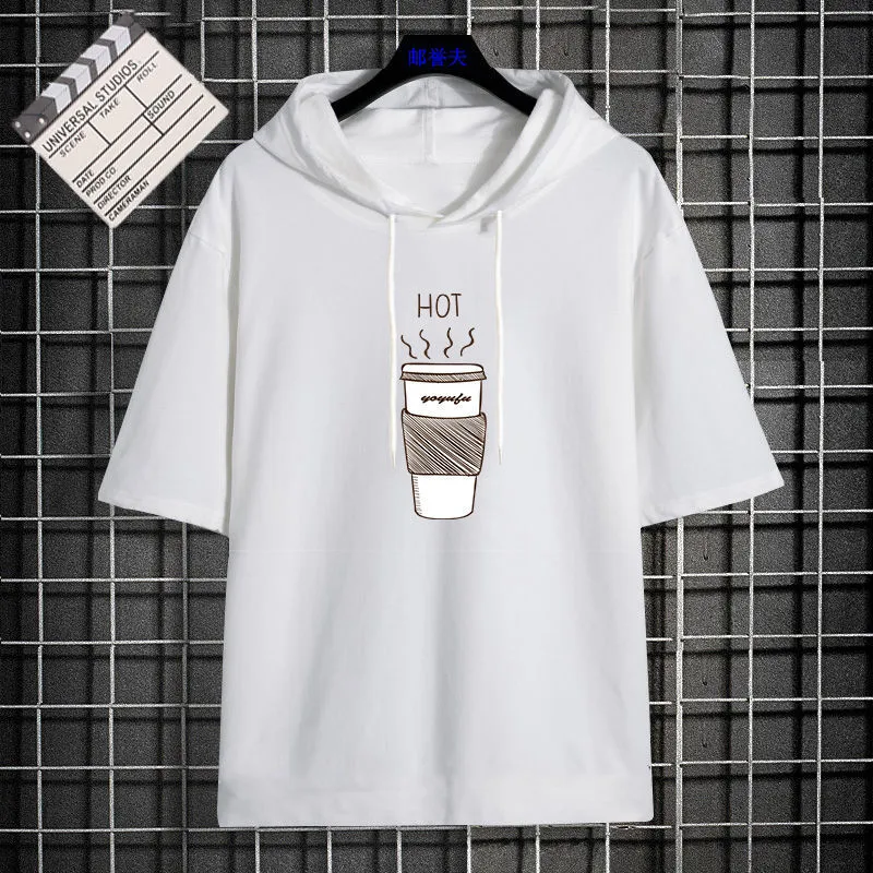 Hoodies for Men Cotton Oversized Summer Half-sleeve Man Hooded T Shirt New  Fashion Korean Style Short Sleeves Male Top