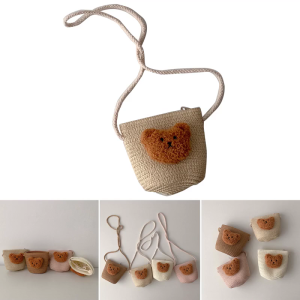 Cute Straw Crossbody Bag Bear Purse Mini Satchel Bag Casual Shoulder Handbags Purse for Children Girls