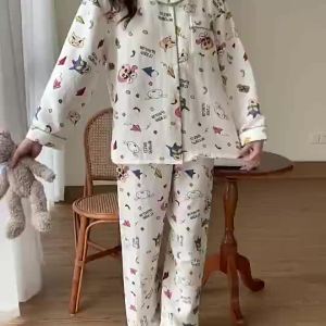 Padded Terno Pajama for Woman M-6XL Plus Size Pajamas Set Autumn Winter Long Sleeves Sleepwear Women Cartoon Cute With chest pad Home wear