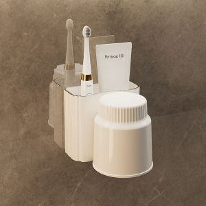 SIMPLE.Jแบบไม่เจาะ ที่วางเก็บแก้ว ที่วางแปรงสีฟันในห้องน้ำ ที่ใส่แปรงสีฟัน อเนกประสงค์ กล่องเก็บอุปกรณ์อาบน้ำ ที่ใส่แปรงสีฟัน แบบติดผนัง ติดตั้งง่ายไม่ต้องเจาะ